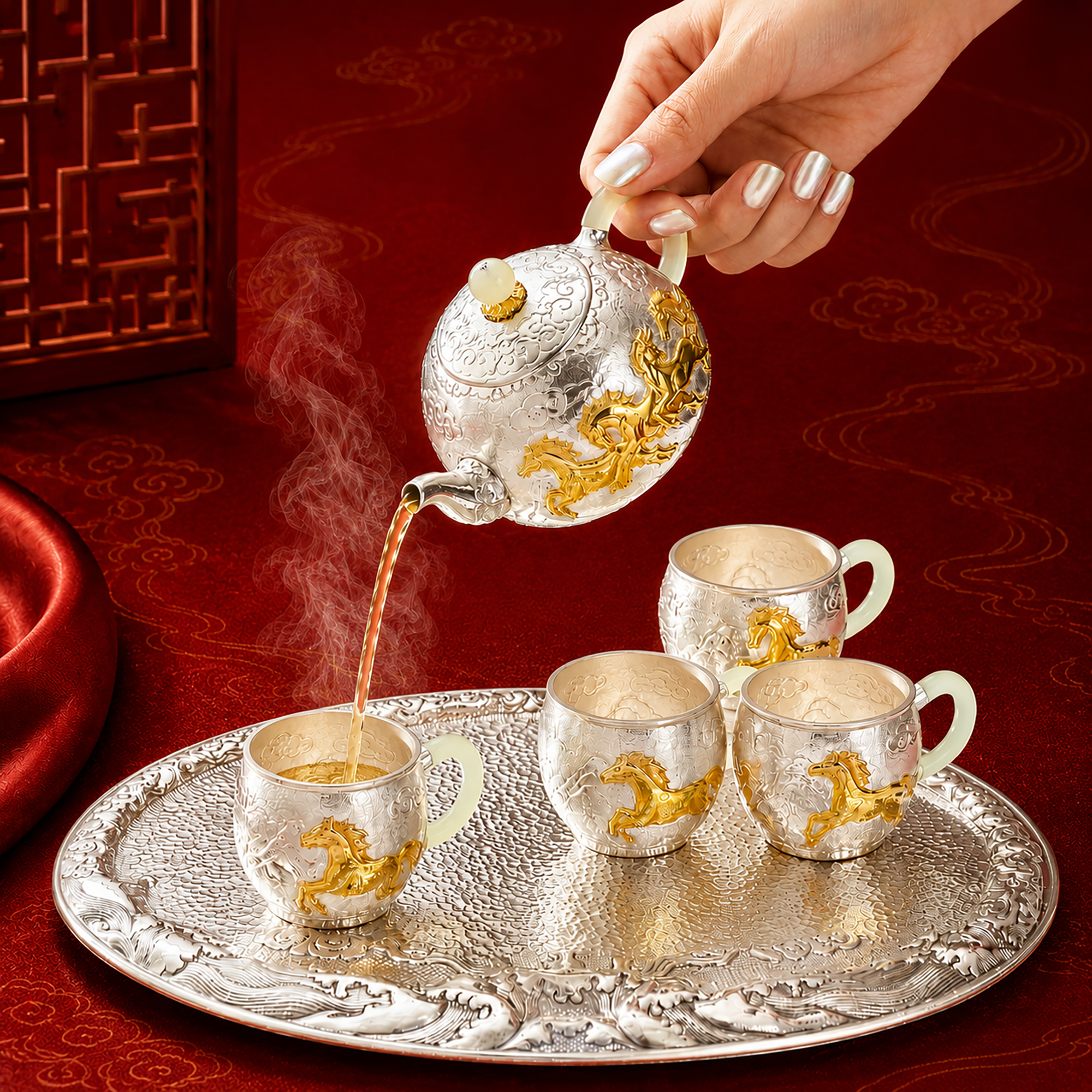 Bộ ấm bạc Bát Mã Hưng Phong ARTA by PNJ WO00W060000 Bộ ấm bạc Bát Mã Hưng Phong ARTA by PNJ WO00W060000
