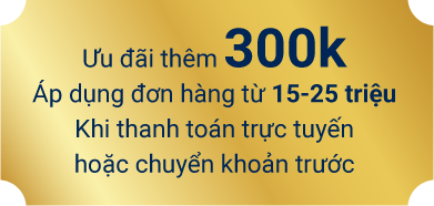 Ưu đãi thêm 300k. Áp dụng đơn hàng từ 15-25 tiệu khi thanh toán trực tuyến