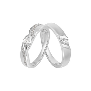 Cặp nhẫn cưới Vàng trắng 10K đính đá ECZ PNJ Trầu Cau 01444-04082