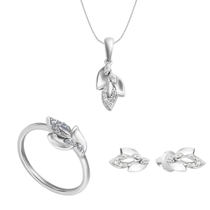 Bộ trang sức Kim cương Vàng trắng 14K PNJ hình chiếc lá 60413-60615